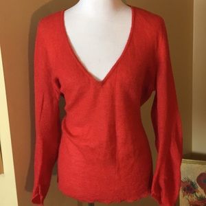 CALVIN KLEIN sz Large V-Neck Mohair Burnt Orange Thin-Knit Stretchy FALL Pumpkin